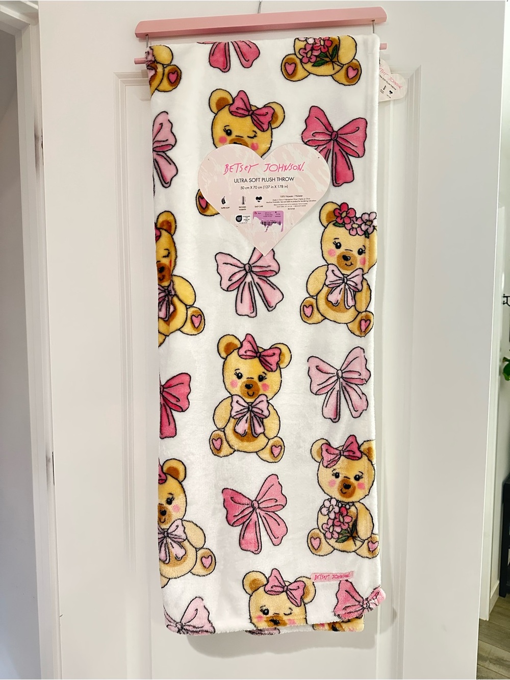 🎀New Viral Betsey Johnson Plush Throw Blanket with Pink Bows & Teddy Bears🎀🧸